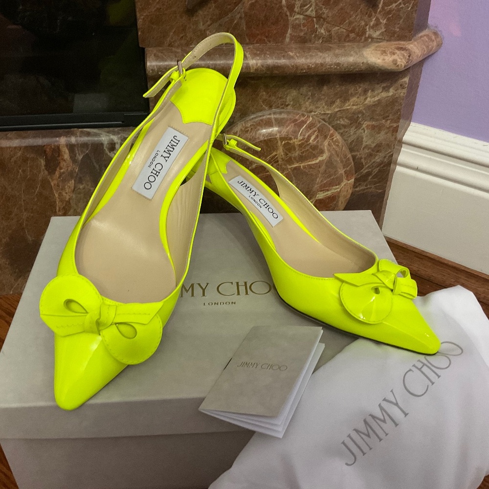 JIMMY CHOO BLARE 60 SHOCKING YELLOW NEON PATENT HEELS !! GORGEOUS !!